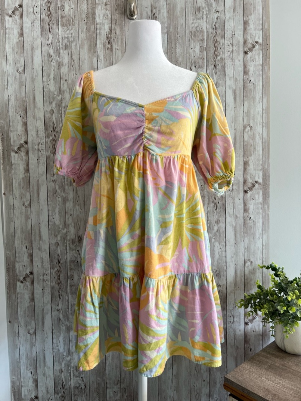 Billabong Be Mine Babydoll Pastel Floral Puff-Sleeve Mini Dress  Small